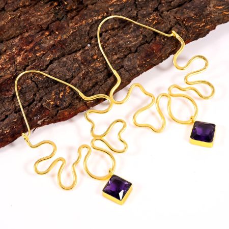 Handmade African Statement Dangle Earrings with Purple CZ Stones for Women